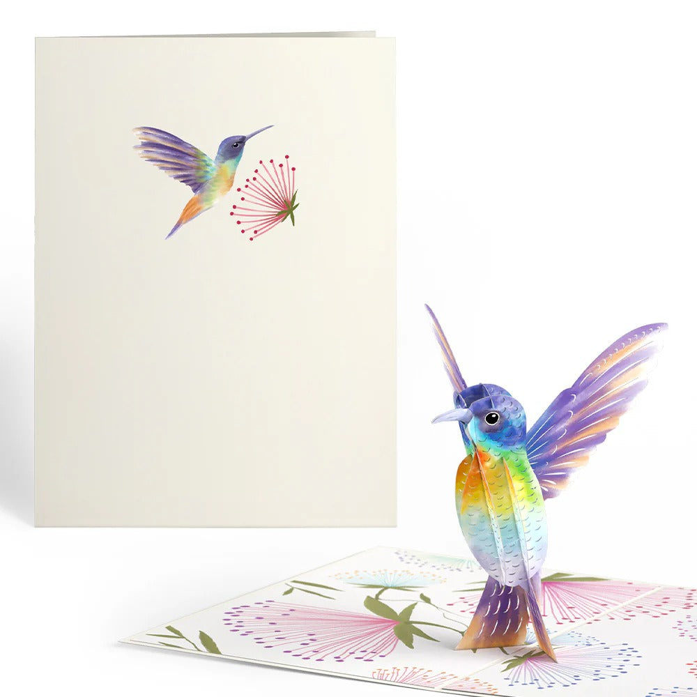 Colorful 3D greeting card featuring a small bird