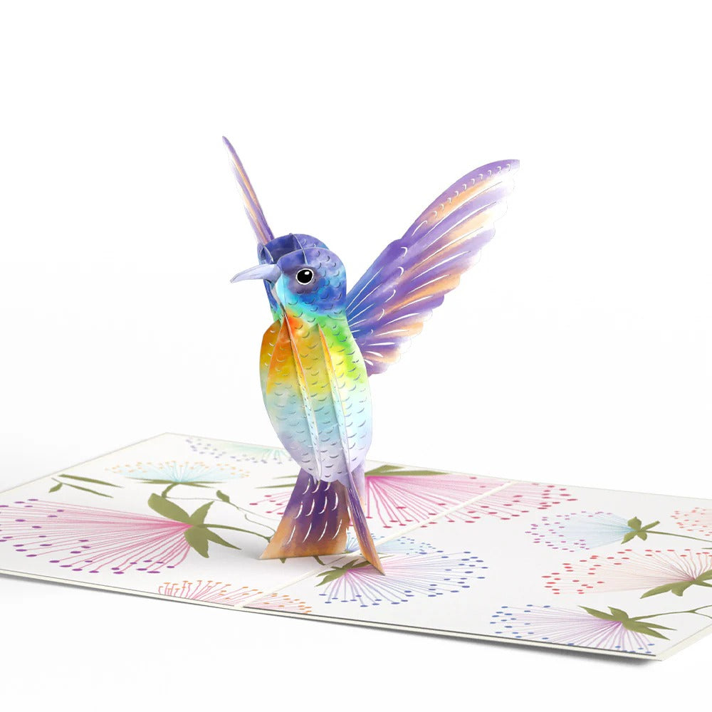 Colorful 3D greeting card featuring a small bird